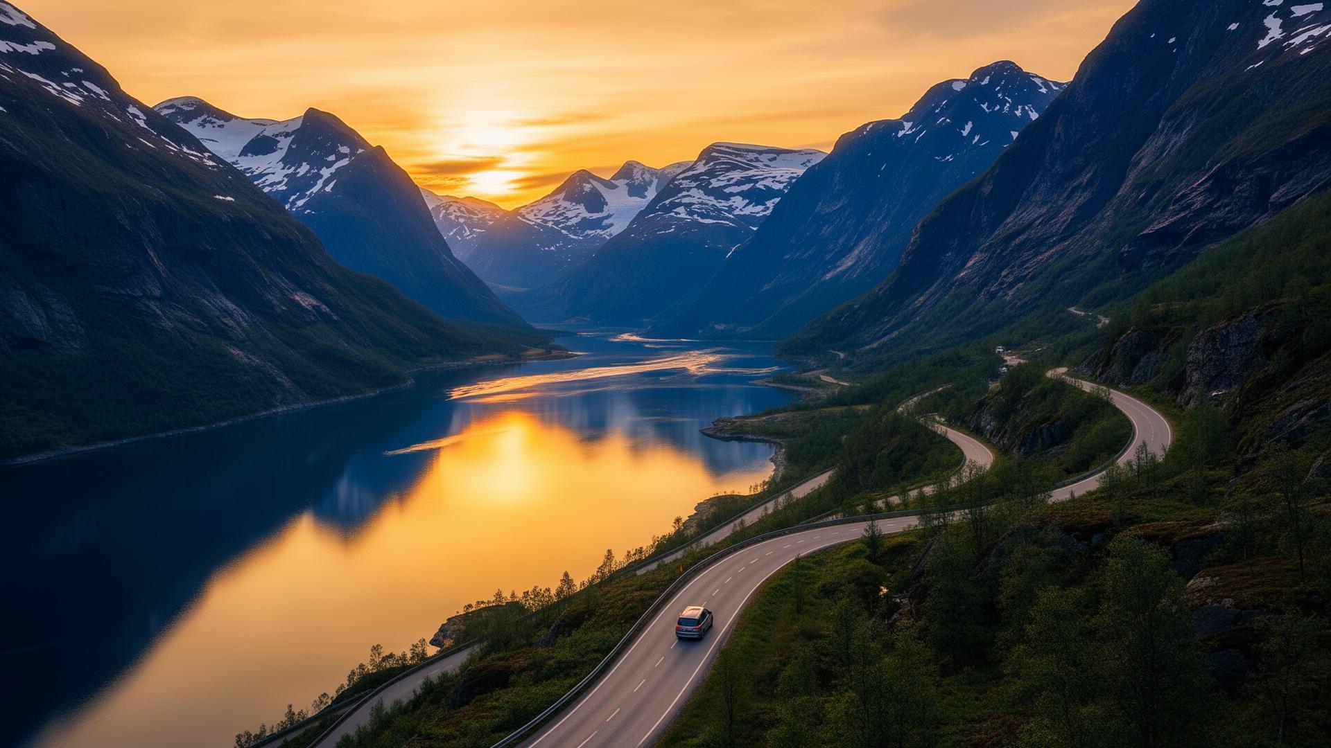 Bil kjører gjennom norsk fjordlandskap